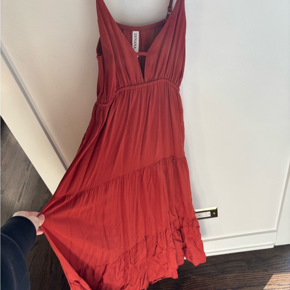 Zenana Outfitters Rust Red V-Neck Tiered Maxi Dress